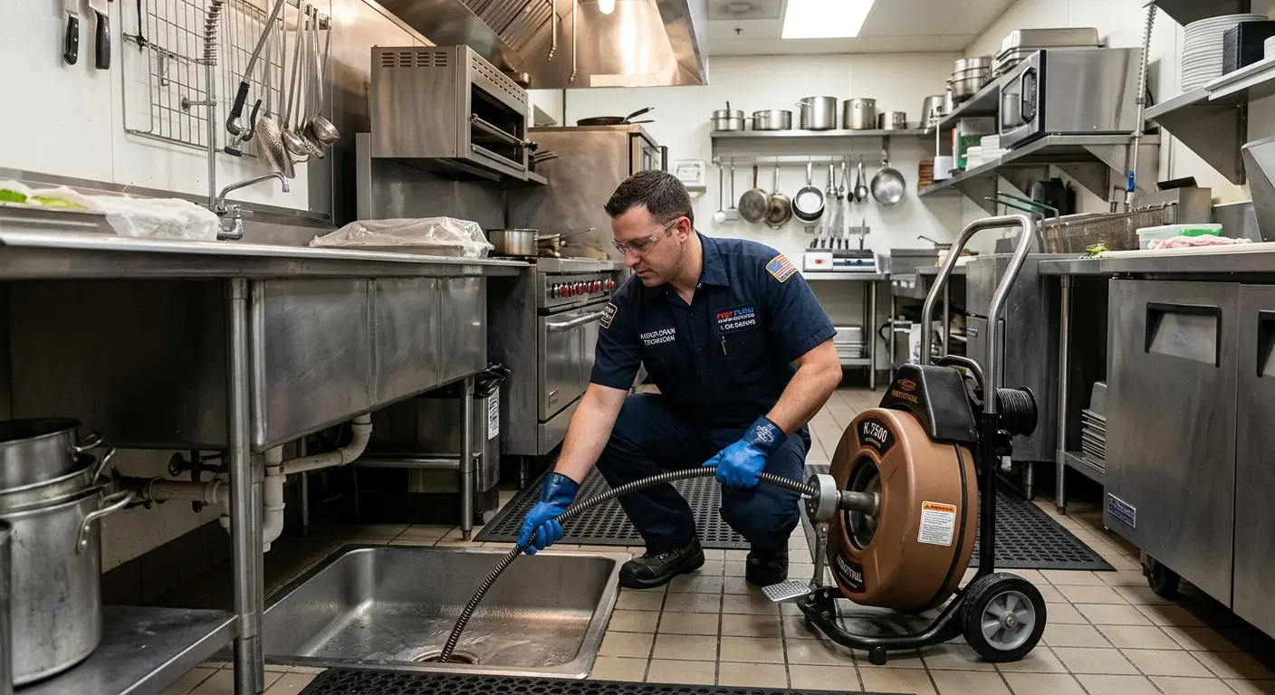 Commercial drain cleaning service in a restaurant kitchen in Savannah