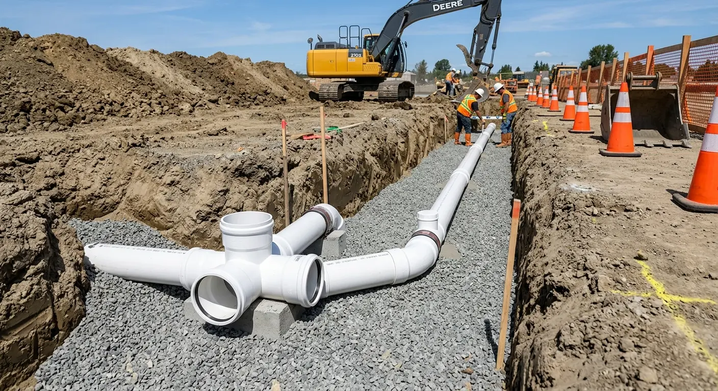 New PVC sewer pipe installation in open trench for Sewer Backup in Savannah