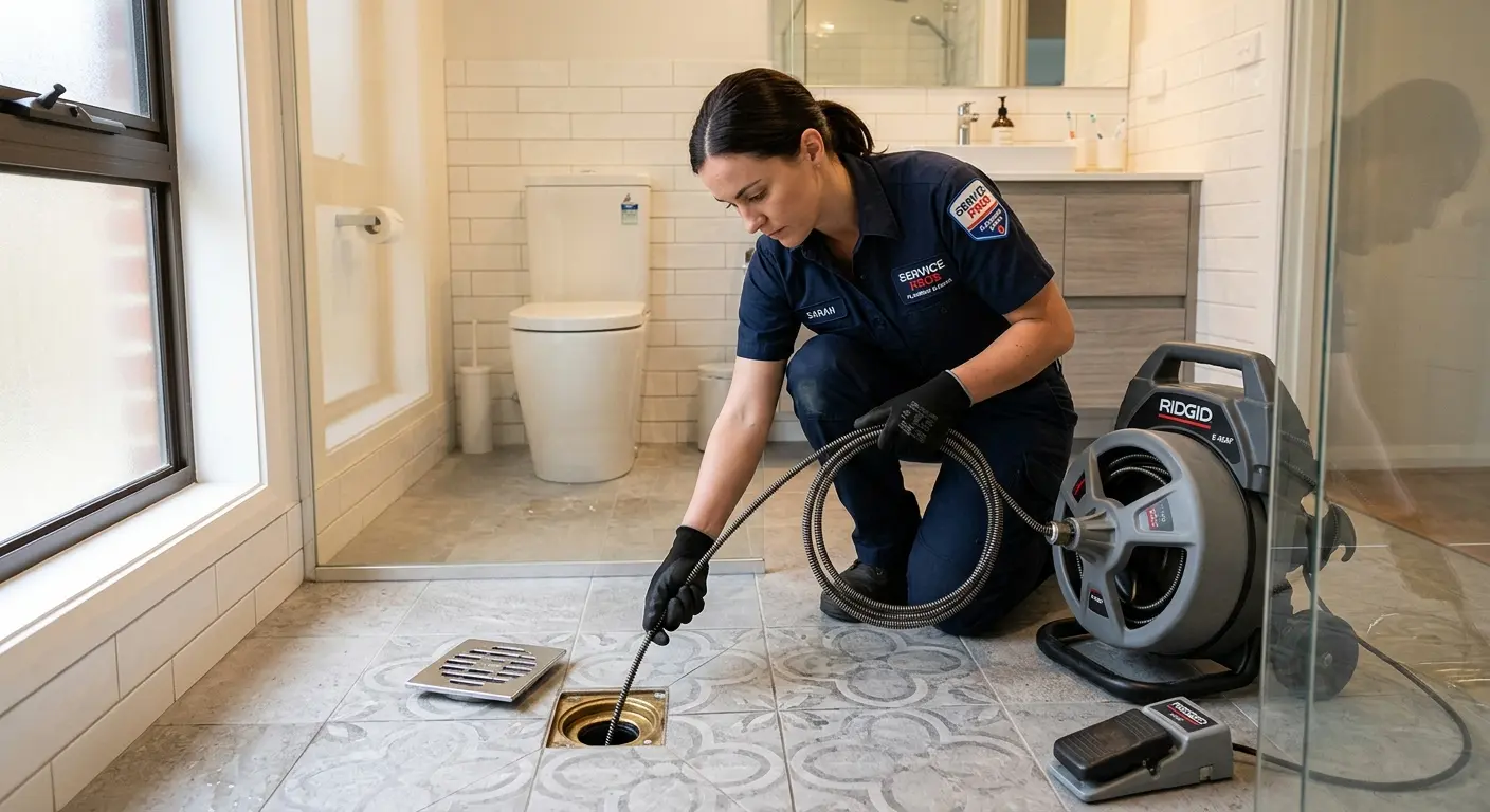 Technician clearing a bathroom floor drain for Hydro Jetting in Savannah